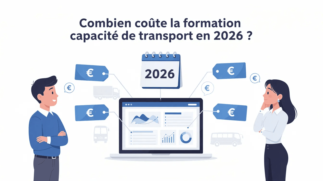 Illustration prix formation capacité de transport 2026 avec étiquettes euros et graphiques