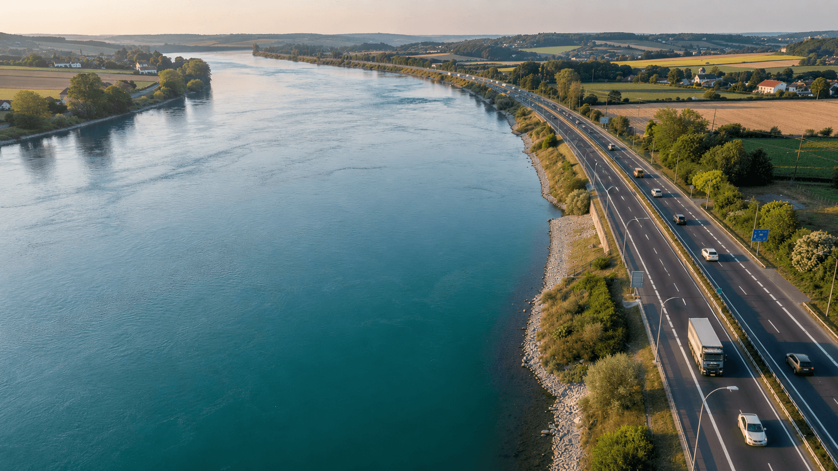 Route longeant un fleuve avec camions et voitures, illustrant la formation capacité de transport Lyon