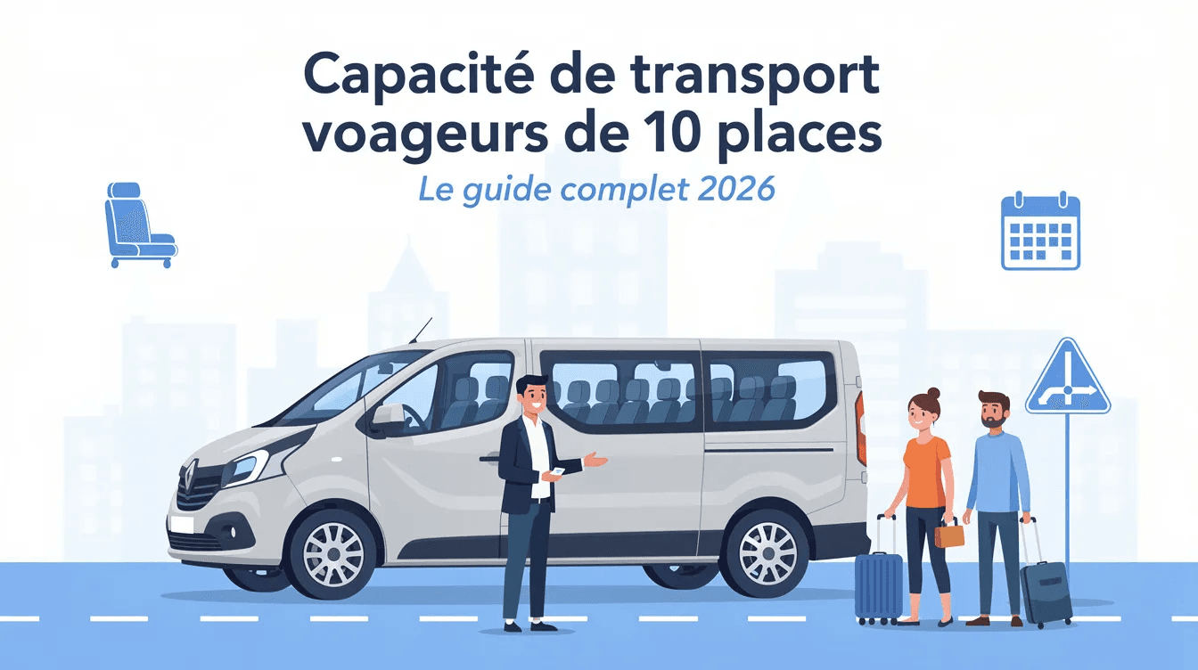 Minibus 10 places avec chauffeur et voyageurs, illustration guide capacité de transport voyageurs moins de 10 places