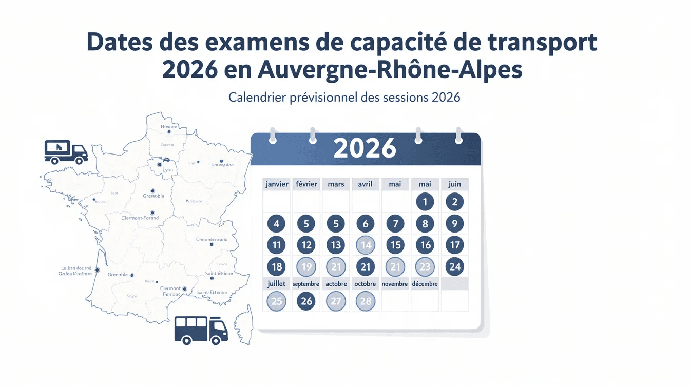 Calendrier des examens capacité transport 2026 en Auvergne-Rhône-Alpes avec dates par mois