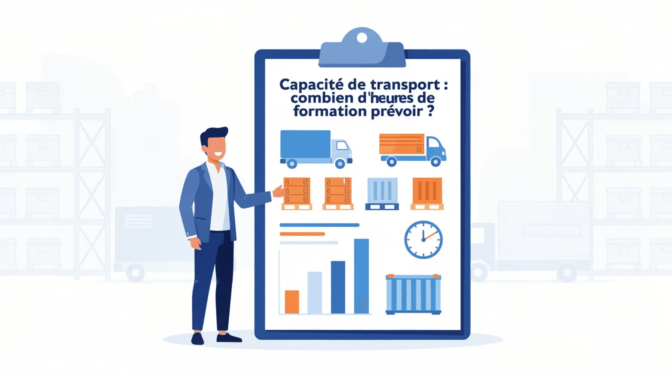 Formateur présentant les heures de formation capacité de transport avec camions et statistiques