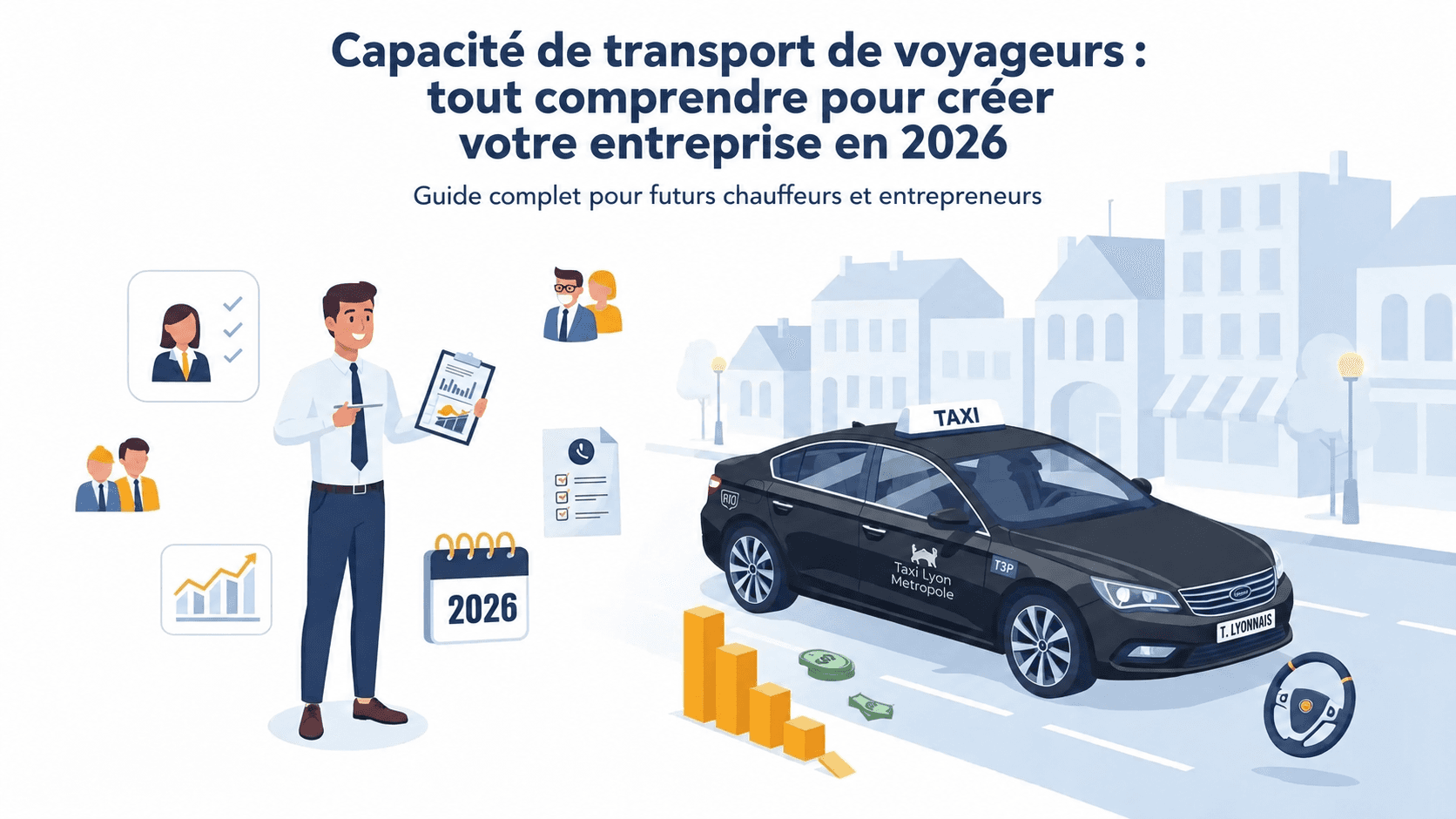 Guide capacité de transport voyageurs taxi 2026 : entrepreneur, taxi et graphiques de formation