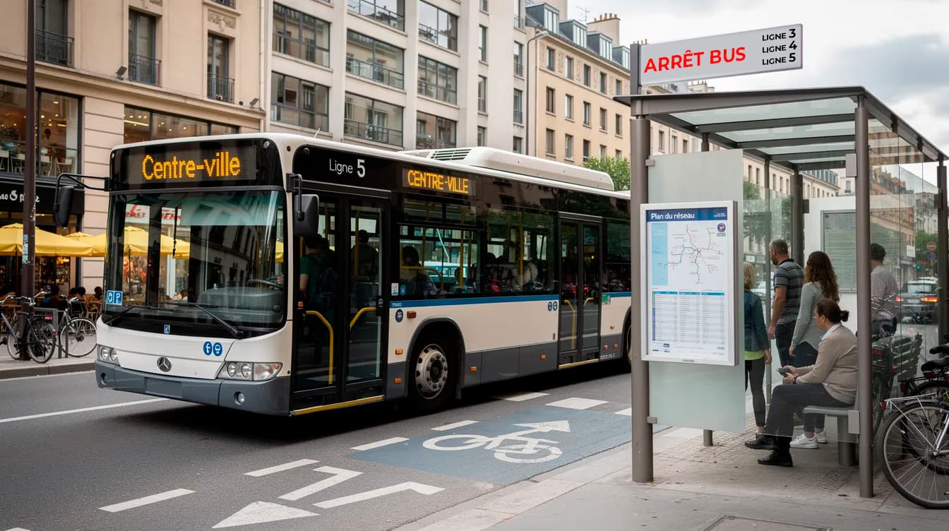 Bus ligne 5 centre-ville à un arrêt, illustrant la capacité de transport voyageurs +10 places