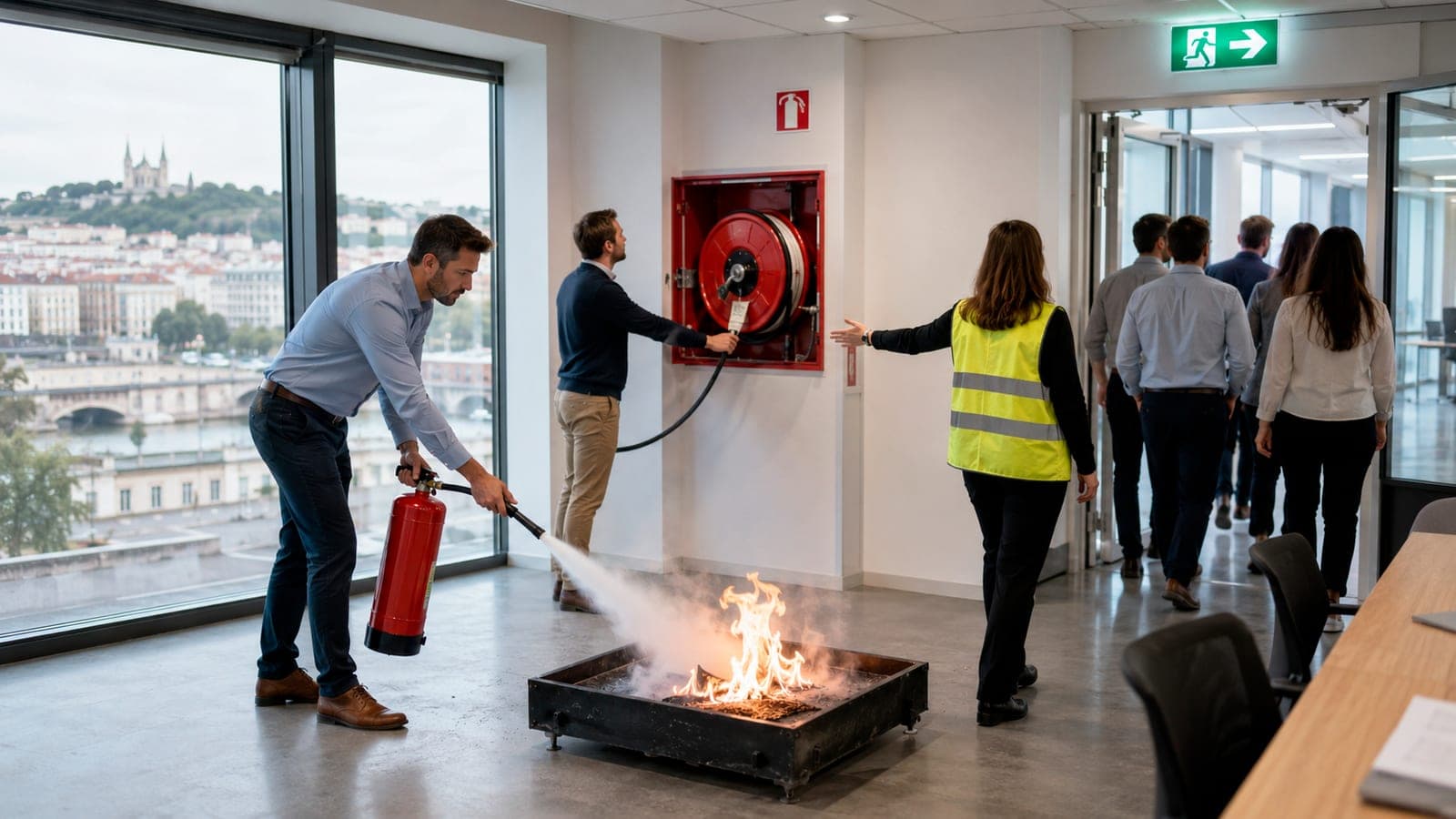 Exercice EPI/ESI à Lyon : manipulation d'extincteur au premier plan et évacuation vers une issue de secours, vue sur Fourvière
