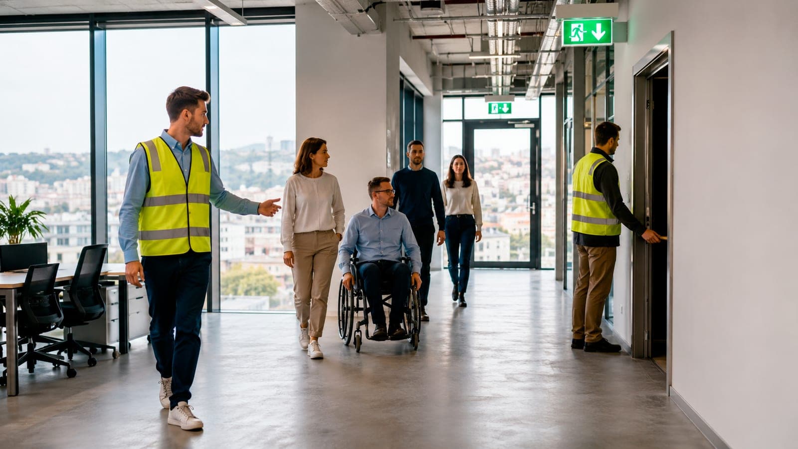Groupe guidé en évacuation dans un couloir moderne : guide-file en gilet haute visibilité et stagiaire en fauteuil roulant