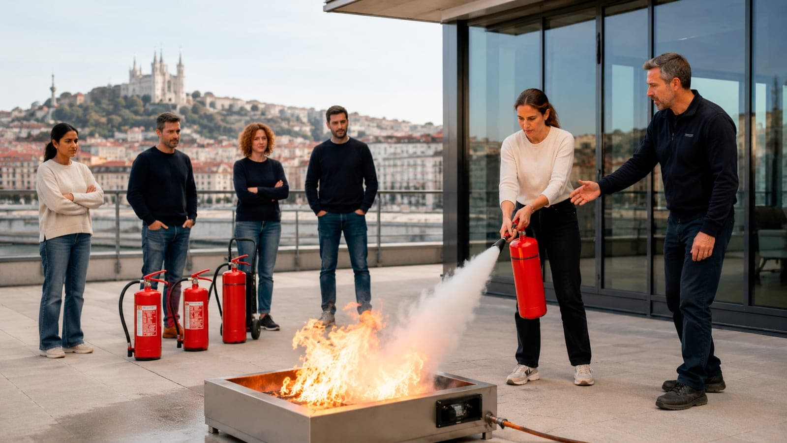 Stagiaire guidée par un formateur lors d'un exercice extincteur sur terrasse à Lyon, vue sur Fourvière