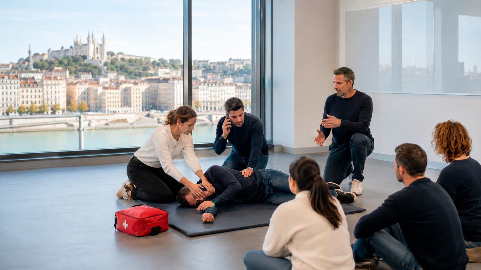 Mise en situation SST à Lyon : stagiaires et formateur autour d'un blessé simulé, trousse de secours au premier plan, vue sur Fourvière